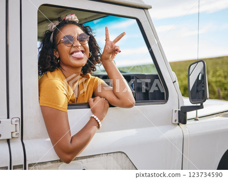 Car, road trip and girl with sign of peace, crazy high energy and on fun transportation adventure in Australia countryside. Hands, travel journey and black woman happy and excited on safari excursion 123734590