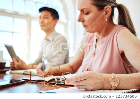 Business woman, focus and planning in meeting in office and workplace writing notes for collaboration project. Team, female and mature lady with ideas, inspired or brainstorming strategy at workspace Business woman, focus and planning in meeting in office and workplace writing notes for collaboration project. Team, female and mature lady with ideas, inspired or brainstorming strategy at workspace 123734600