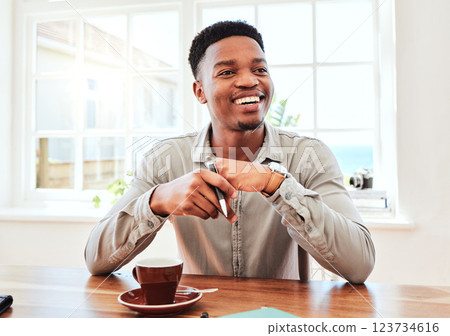 Black man, thinking and vision of company future and take notes or create business strategy in office. Corporate employee writing notes at meeting, training seminar and morning management conference 123734616