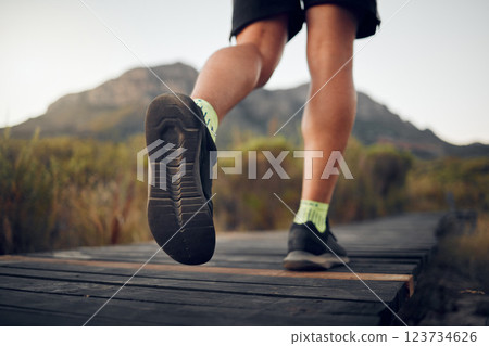 Man, hiking and shoes with legs on mountain for run, workout or fitness. Nature, wellness and exercise for training, sports and health on adventure in summer with hill, sneakers and feet in Australia Man, hiking and shoes with legs on mountain for run, workout or fitness. Nature, wellness and exercise for training, sports and health on adventure in summer with hill, sneakers and feet in Australia 123734626