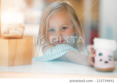 Girl child, retail shopping for shoes and choosing pink kids winter boots on shelf of childrens fashion shop. Portrait of young customer, toddler at clothes boutique in a mall and buying shoe on sale 123734642