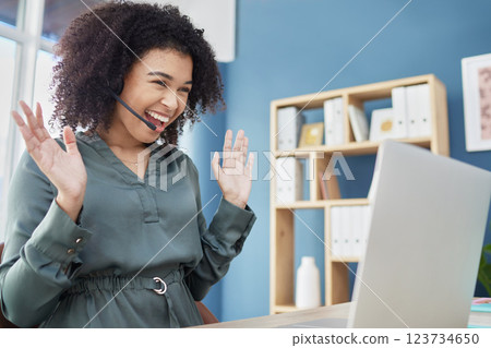 Winner, black woman and call center success excited, smile and happy with laptop in webinar or video call. Employee, work from home and in online meeting or help customer or celebrate project outcome Winner, black woman and call center success excited, smile and happy with laptop in webinar or video call. Employee, work from home and in online meeting or help customer or celebrate project outcome 123734650