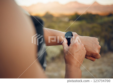 Fitness man, arm and smart watch time for running exercise, workout challenge or healthy outdoor training. Cardio, sports runner and athlete break monitor steps count, heart rate or wellness progress Fitness man, arm and smart watch time for running exercise, workout challenge or healthy outdoor training. Cardio, sports runner and athlete break monitor steps count, heart rate or wellness progress 123734700
