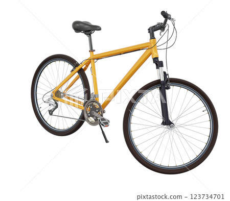 Orange bicycle standing on kickstand Orange bicycle standing on kickstand 123734701