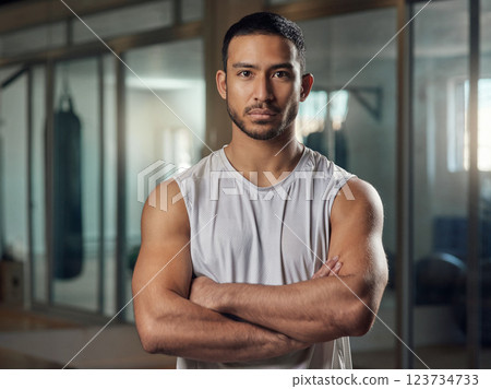 Serious, portrait or asian man with confidence for fitness, physical training or workout with gym coach. Male person, personal trainer or professional instructor with arms crossed for exercise advice 123734733