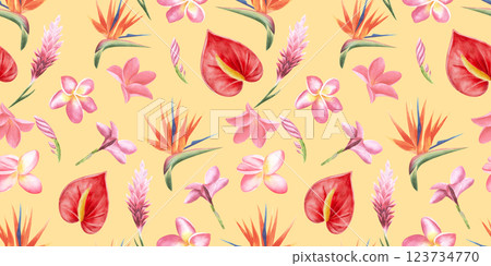 Beach cheerful seamless pattern wallpaper of tropical flowers bird of paradise (strelitzia), plumeria, anthurium, on a light yellow background. Fabric textile, digital paper. Beach cheerful seamless pattern wallpaper of tropical flowers bird of paradise (strelitzia), plumeria, anthurium, on a light yellow background. Fabric textile, digital paper. 123734770