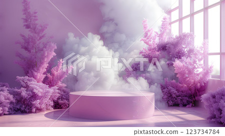 Modern round podium display in a shimmering purple space surrounded by glittering fog and vibrant flora highlights a trendy showcase design 123734784