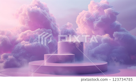 Round podium in a dreamy, modern space with soft purple clouds, ideal for showcasing products or designs in an artistic presentation 123734785