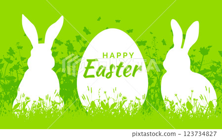 Happy Easter greeting card with Easter egg and bunnies 123734827