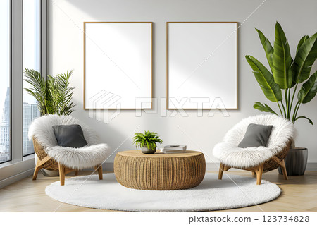 Blank frames set of two, for wall art mockup in a minimalist modern interior with boho aesthetics, featuring white decor and stylish furniture 123734828
