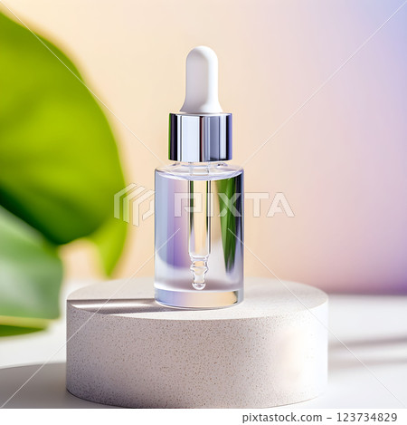 Organic cosmetic bottle featuring a clear serum with a pipette, ideal for aromatherapy and skincare, positioned on a minimalist pedestal against a calming backdrop 123734829