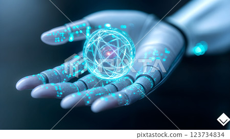 Futuristic robotic hand holding a glowing energy orb with intricate patterns and digital effects displayed on its surface 123734834