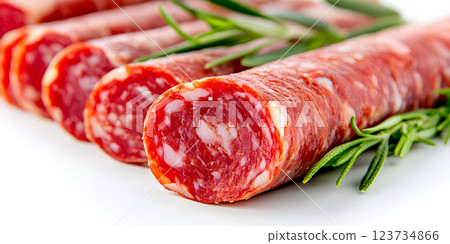 Freshly sliced cured sausage rolls with aromatic herbs arranged on a clean surface ready for serving at a gourmet gathering 123734866