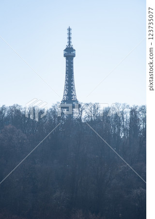 Petrin lookout steel framework tower built in 1891, resembling small Eiffel Tower, on Petrin hill in Prague, Czech Republic Petrin lookout steel framework tower built in 1891, resembling small Eiffel Tower, on Petrin hill in Prague, Czech Republic 123735077