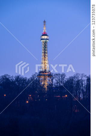 Petrin lookout steel framework tower built in 1891, resembling small Eiffel Tower, on Petrin hill in Prague, Czech Republic 123735078