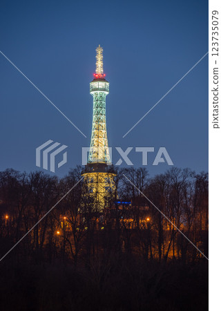 Petrin lookout steel framework tower built in 1891, resembling small Eiffel Tower, on Petrin hill in Prague, Czech Republic 123735079