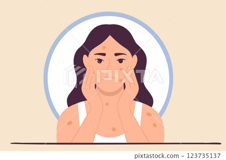 Girl with skin rash, dermatology theme, irritated skin, allergy reaction, skin problem, redness and irritation 123735137