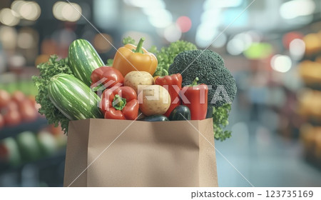 Paper grocery bag filled with fresh vegetables in supermarket with blurred background, copy space 123735169