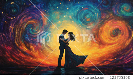 Couple dancing under swirling galaxies with vibrant colors in a cosmic setting Couple dancing under swirling galaxies with vibrant colors in a cosmic setting 123735308