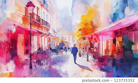 Colorful street scene with outdoor cafes and people walking in a vibrant city landscape 123735352