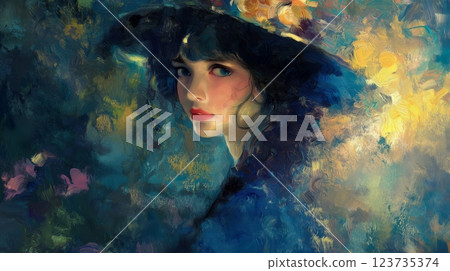 Woman in a hat surrounded by colorful wildflowers during a sunny day in a vibrant landscape Woman in a hat surrounded by colorful wildflowers during a sunny day in a vibrant landscape 123735374