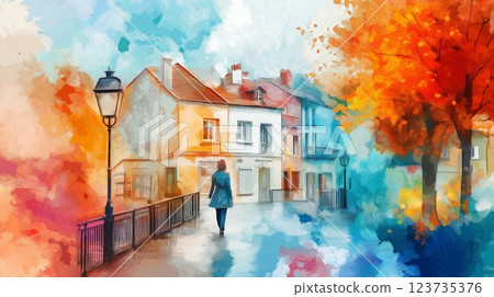 Colorful autumn streetscape with trees and buildings reflecting in wet pavement Colorful autumn streetscape with trees and buildings reflecting in wet pavement 123735376