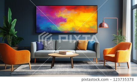 Bright and modern living room adorned with colorful art piece in a cozy atmosphere 123735378