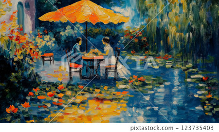 Couple enjoying a serene moment by the water with blooming flowers under an orange umbrella 123735403