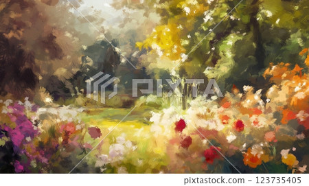 Colorful garden filled with blooming flowers under a bright sky on a sunny afternoon Colorful garden filled with blooming flowers under a bright sky on a sunny afternoon 123735405