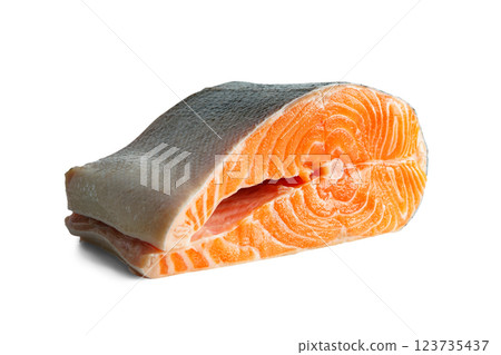 Fresh raw salmon or trout steak, fillet isolated on white background, seafood, food ingredient 123735437