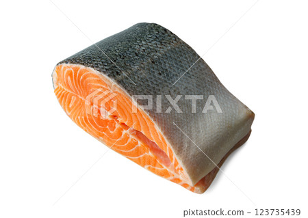 Fresh raw salmon or trout steak, fillet isolated on white background, seafood, food ingredient 123735439