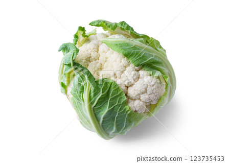 Whole head of organinc fresh raw cauliflower with green leaves isolated on white background Whole head of organinc fresh raw cauliflower with green leaves isolated on white background 123735453