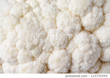 Head of organic fresh ripe white cauliflower cabbage texture close up, macro, raw food background Head of organic fresh ripe white cauliflower cabbage texture close up, macro, raw food background 123735459