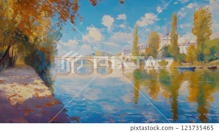 View of the River with colorful autumn trees and historic buildings under a vibrant sky 123735465