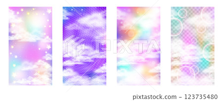 A collection of dreamy abstract backgrounds featuring soft clouds, sparkles, and pastel gradients in pink, blue, and purple tones. Some designs include transparent overlays, bokeh effects, and a Y2K 123735480