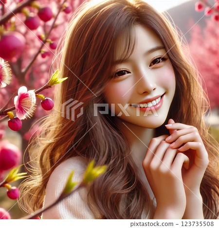 She has long hair and her hands are clasped together, creating a scene of her feeling the joy of spring. 123735508