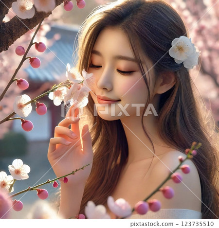 描繪出一個人輕輕地走近一朵花，帶著溫柔的微笑享受著梅花的香味的場景。 123735510