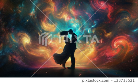 Couple dancing under swirling galaxies with vibrant colors in a cosmic setting 123735521