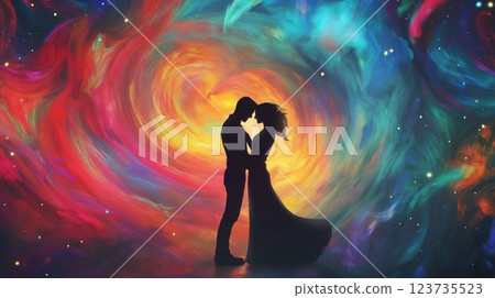 Couple dancing under swirling galaxies with vibrant colors in a cosmic setting 123735523