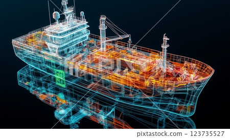 3D rendering of a commercial ship showcasing intricate design and structure in vibrant colors 123735527