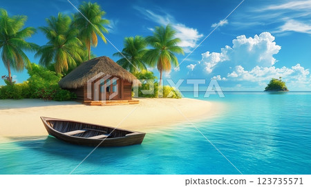 Tropical island beach view with a house and traditional wooden boat near Tropical island beach view with a house and traditional wooden boat near 123735571