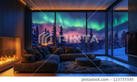 Cozy living room with large windows showcasing vibrant northern lights at dusk near a snowy forest 123735595