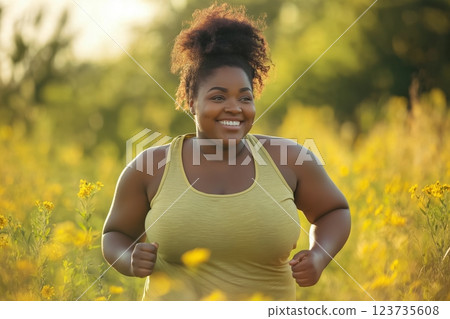 Joyful plump woman running through a vibrant field with flowers 123735608