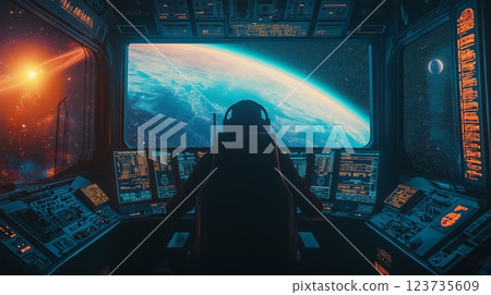 Pilot in spaceship control room 123735609