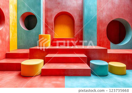 Minimalist geometric interior with colorful red, yellow, and blue staircases, circular cutouts, and soft stools 123735668