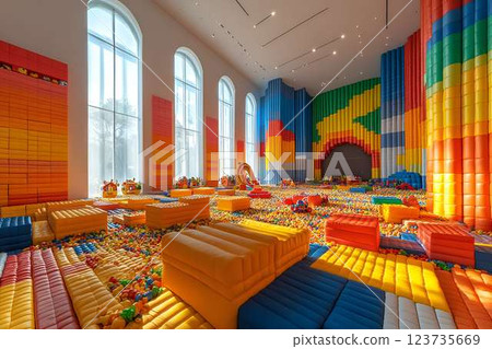 Spacious indoor play area with giant soft colorful blocks, ball pit, and inflatable seating, illuminated by tall windows Spacious indoor play area with giant soft colorful blocks, ball pit, and inflatable seating, illuminated by tall windows 123735669