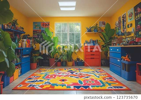 Creative workspace with bold yellow walls, colorful furniture, potted plants, and artistic rug, filled for DIY projects Creative workspace with bold yellow walls, colorful furniture, potted plants, and artistic rug, filled for DIY projects 123735670
