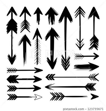 A collection of hand-drawn arrows with rough, artistic brush strokes. Perfect for digital art, posters, and graphic design projects. 123735671
