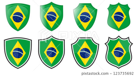 Vertical Brazilian flag in shield shape, four 3d and simple versions. Brazil icon / sign 123735692