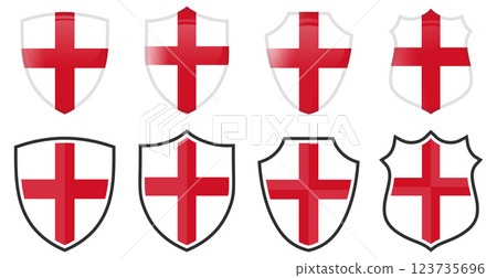 Vertical English Saint George flag in shield shape, four 3d and simple versions. England icon / sign 123735696
